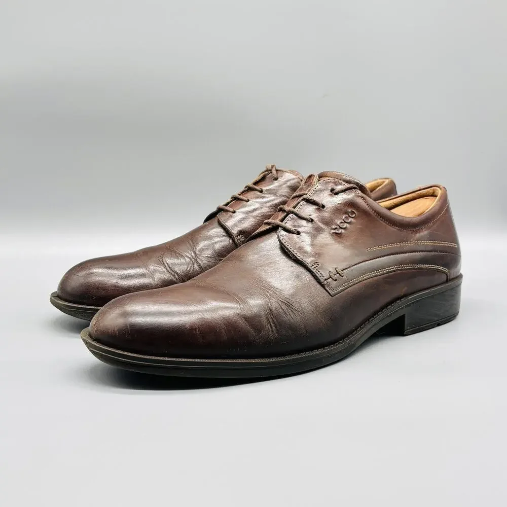 Ecco Shoes Mens 12.5 Brown Leather Lace Up Oxford Dress Plain Toe Comfort Casual